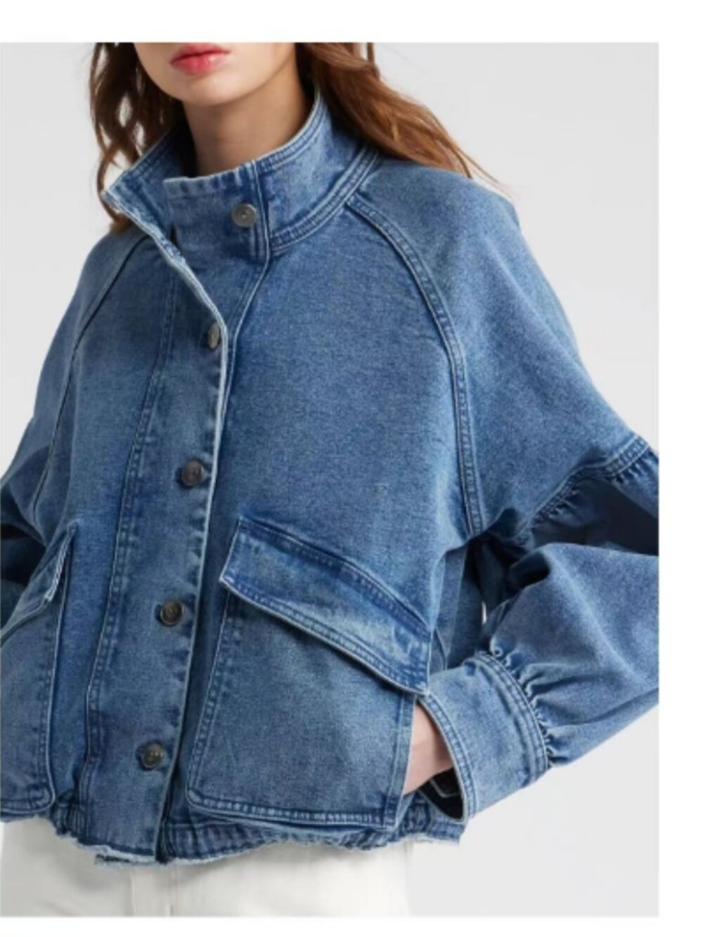 women's cropped balloon sleeve button down Y2K jean jacket